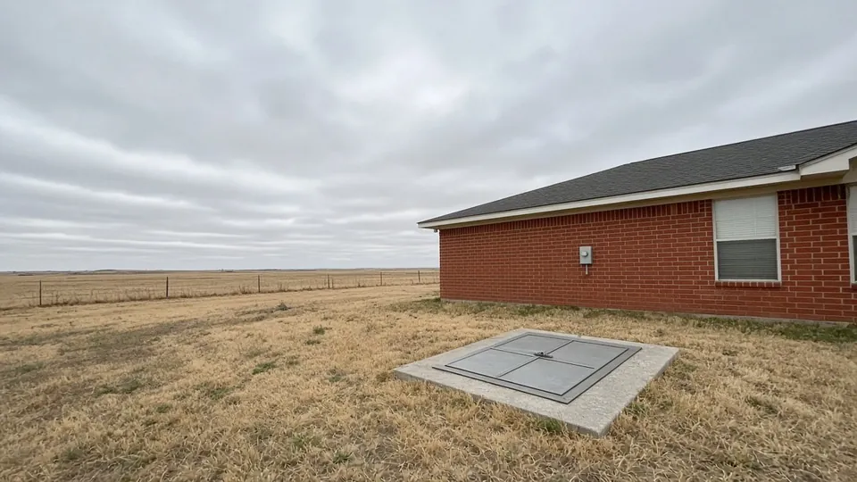 Flush steel storm shelter door in the lawn behind a brick ranch home in the Texas Panhandle