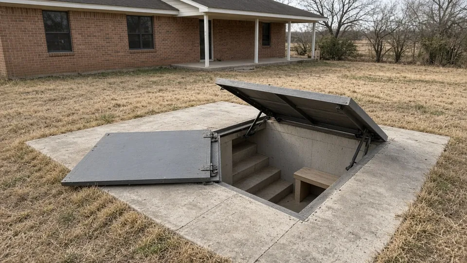 Open in-ground storm shelter with concrete steps in a Panhandle backyard