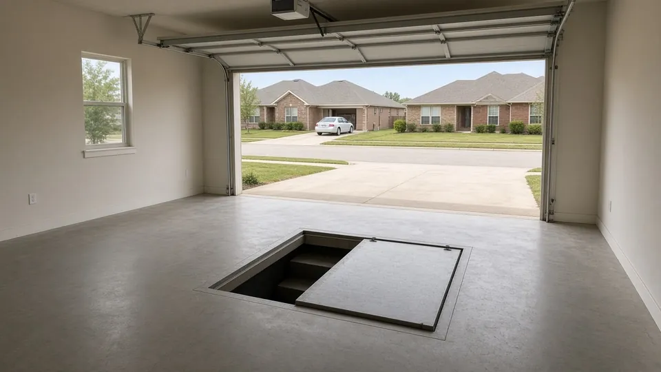 Garage floor storm shelter hatch set into a concrete slab