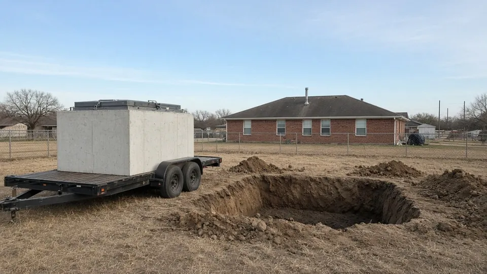 Prefabricated concrete storm shelter unit on a trailer beside an excavated pit